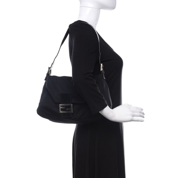 Fendi microfiber black bag with silver tone hardware. Adjustable leather strap. - Picture 2 of 13